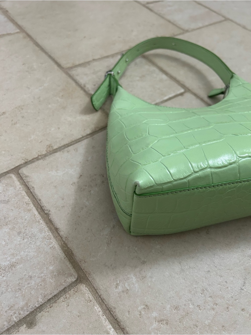 STAUD Women Patent Leather Croc-Embossed Shoulder Bag, Light Green, Metal Logo - Picture 10 of 10
